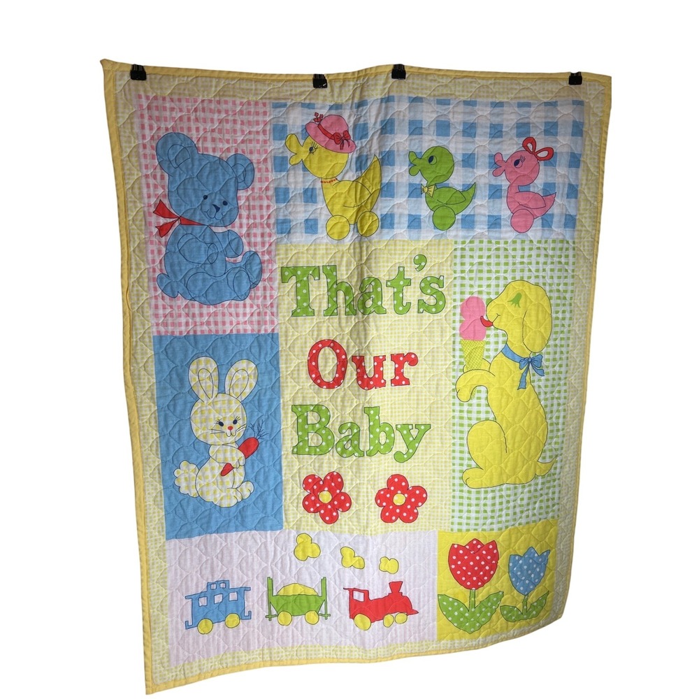 Baby‎ Quilt Blanket That's Our Baby Teddy Bear Bunny Ducks Train VINTAGE Yellow